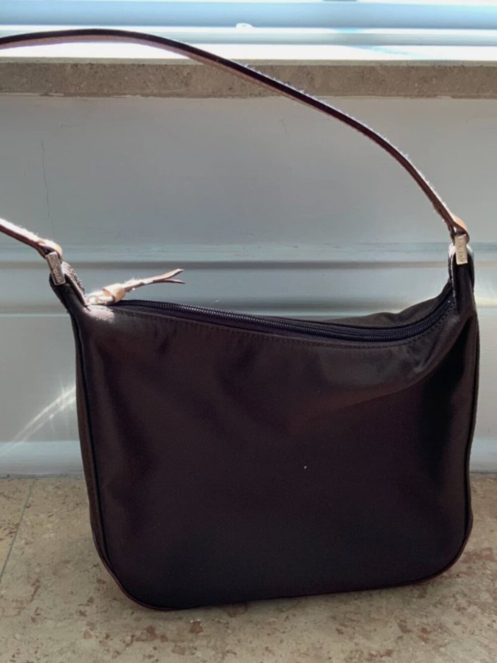 Kate Spade Brown Nylon Shoulder Bag Leather Trim Italy Mini Baguette
